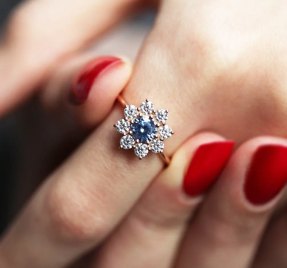 Floral Sapphire Halo Diamond Ring