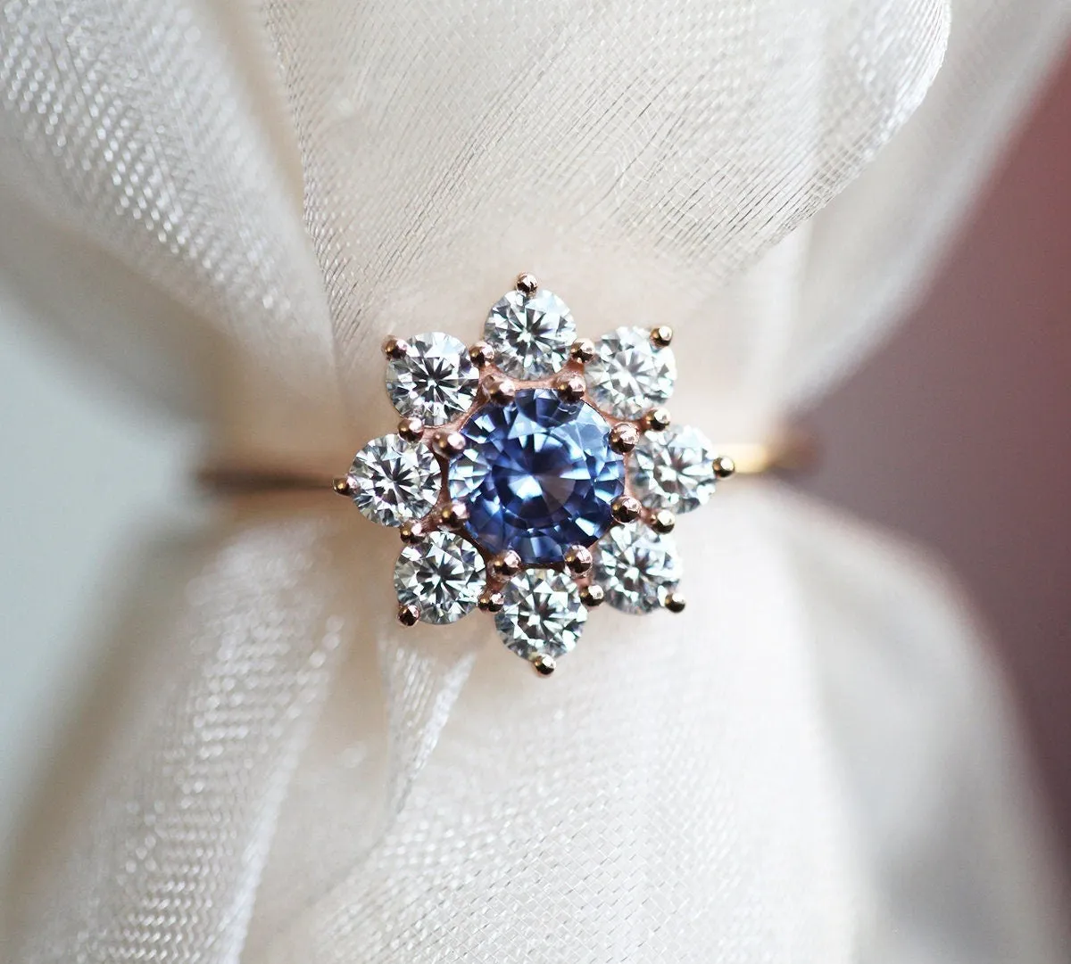 Floral Sapphire Halo Diamond Ring