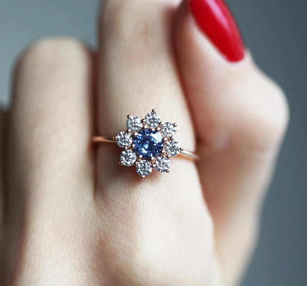 Floral Sapphire Halo Diamond Ring