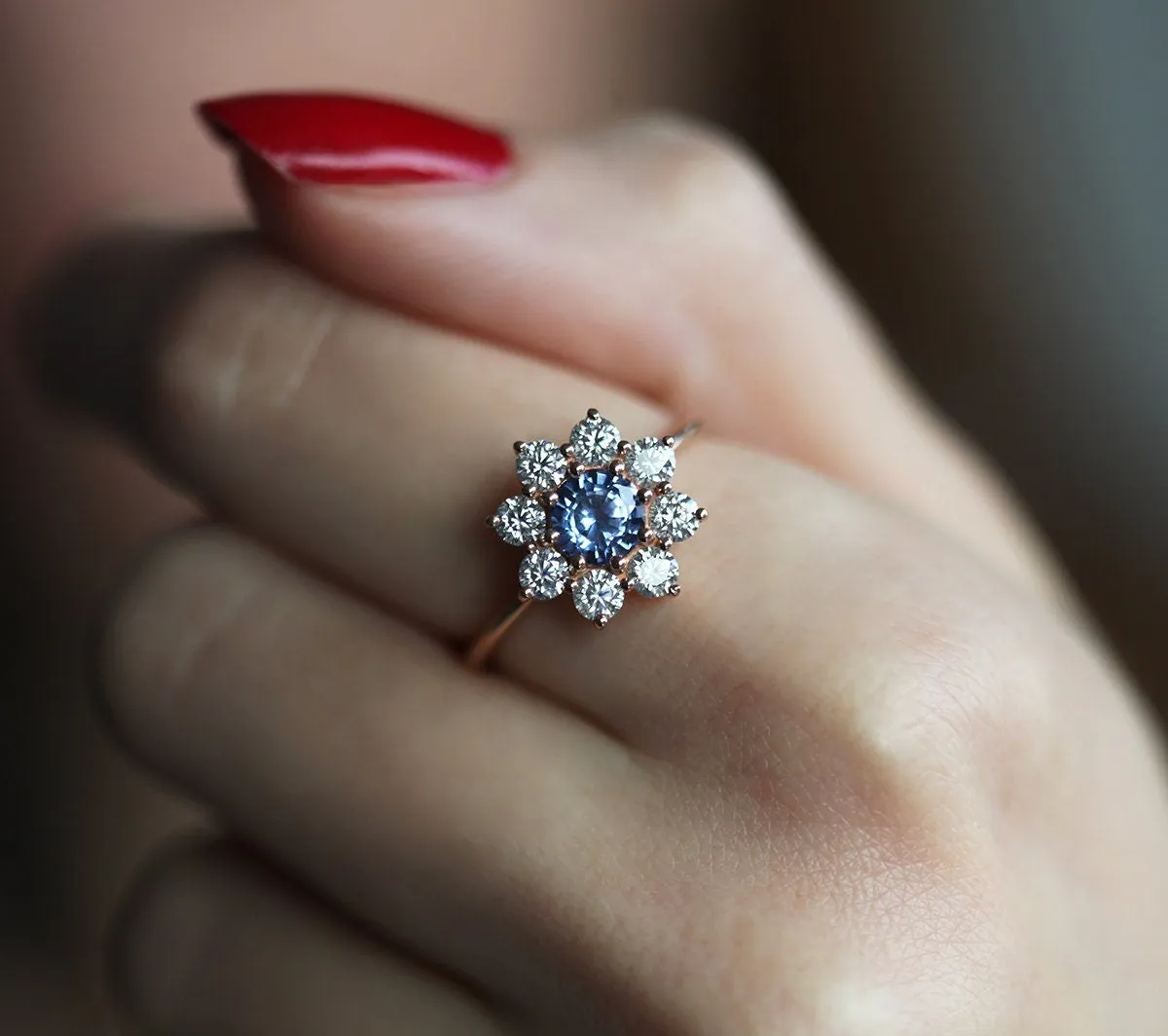 Floral Sapphire Halo Diamond Ring