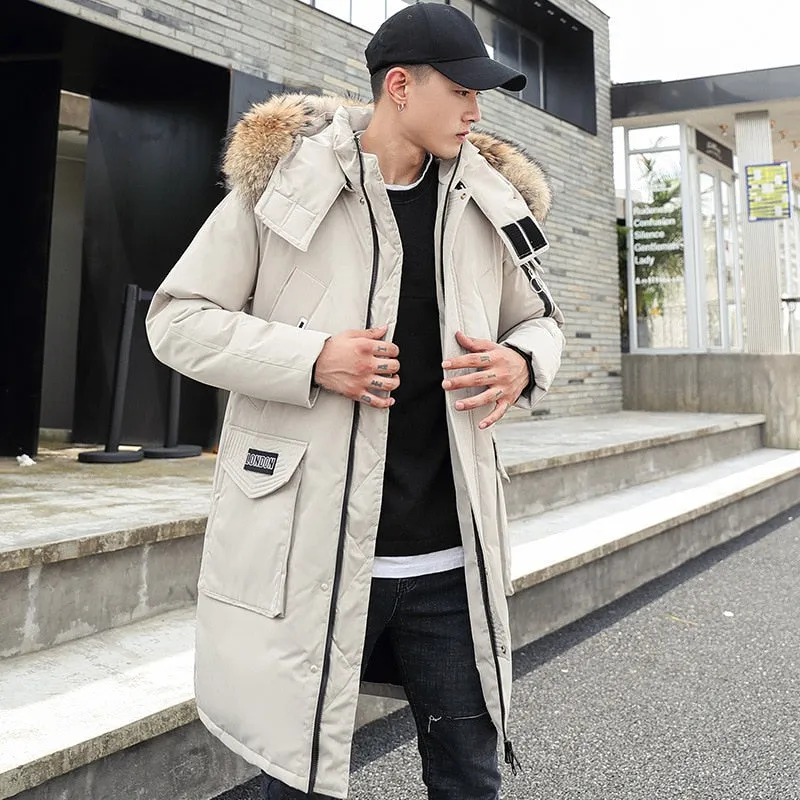 Foesce -30 Degree Couple Winter White Duck Down Jacket Long Keep Warm Thicken Coat Men Fashion Hooded Fur Collar Windbreaker Down Parka