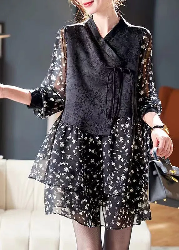 French Black Lace Up Print Patchwork Chiffon Mid Dress Spring QA1051