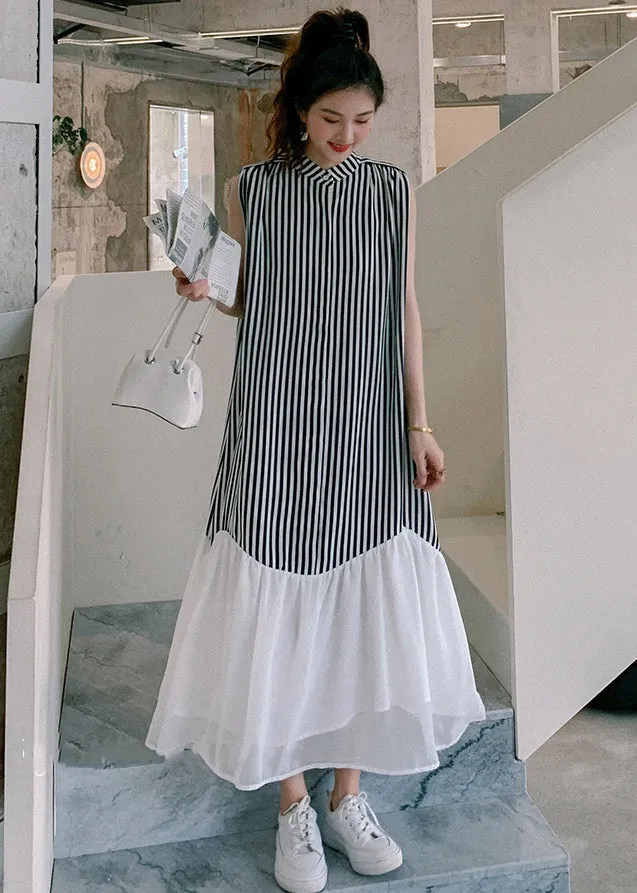 French Striped Stand Collar Patchwork Chiffon Dresses Sleeveless MN034