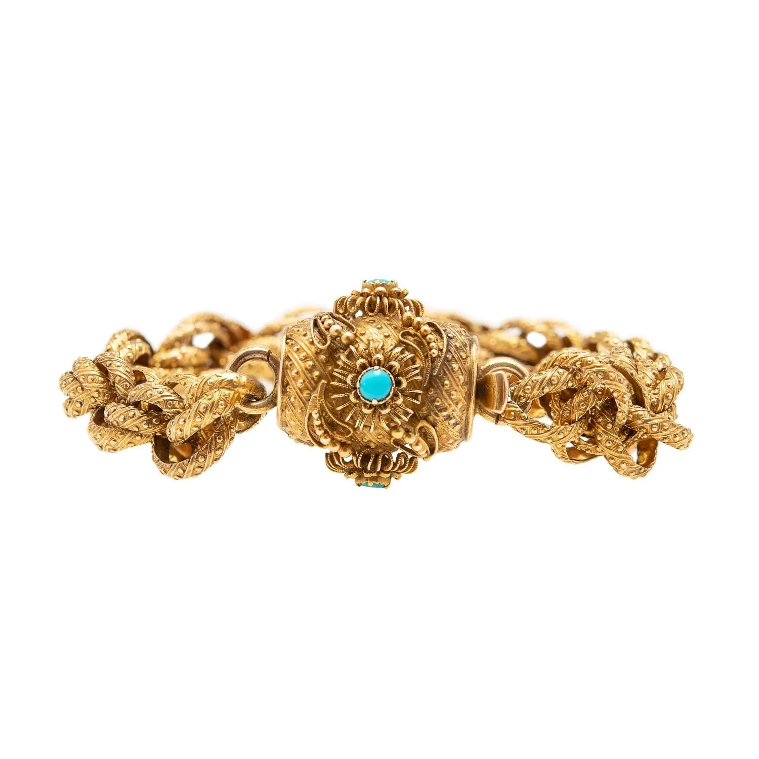 Georgian 15k Textured Link Chain Bracelet with Turquoise Bead Clasp