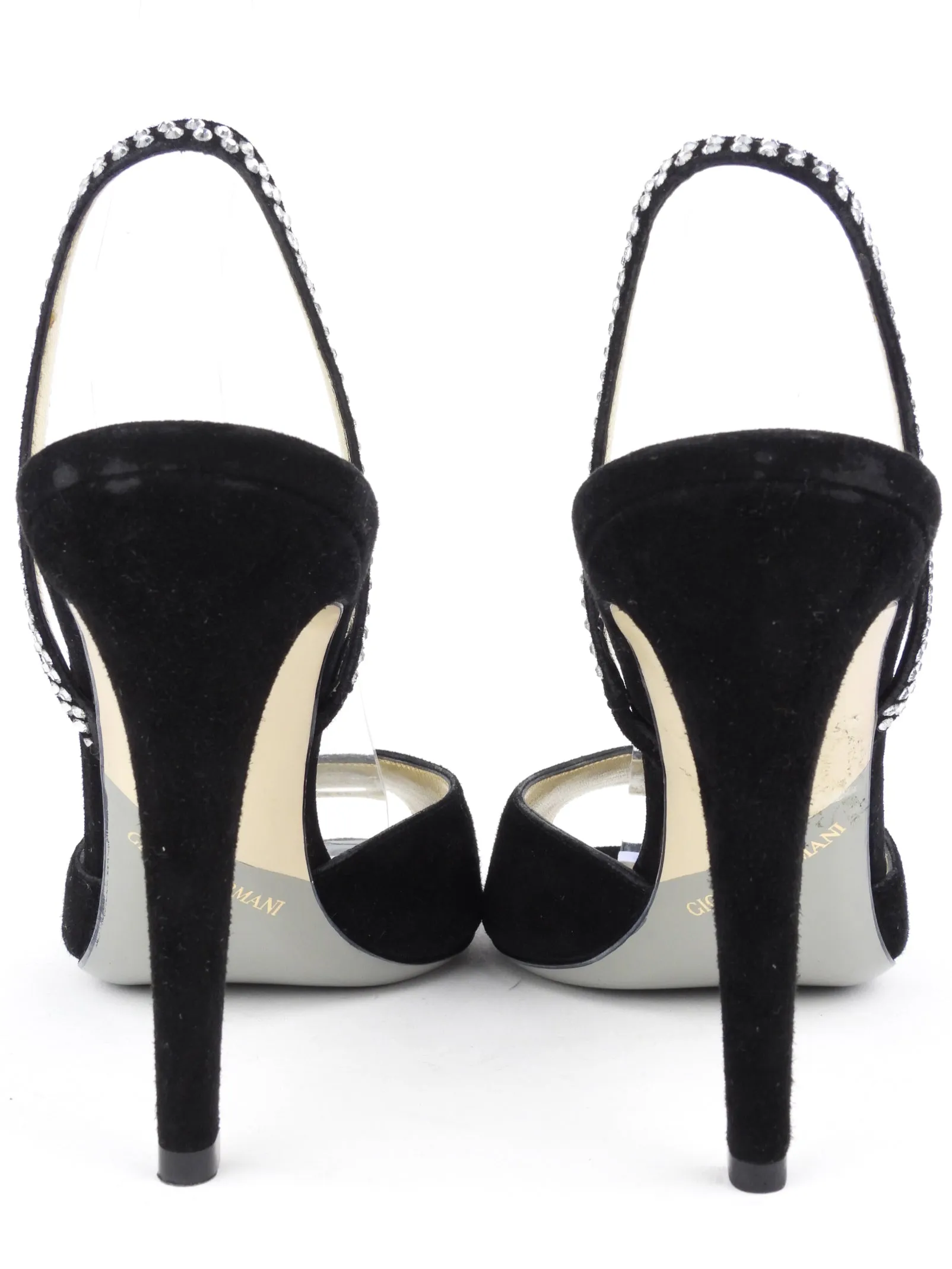 Giorgio Armani Black Suede Leather Rhinestone Embellished Slingback Peep Toe Pumps - 39 EU