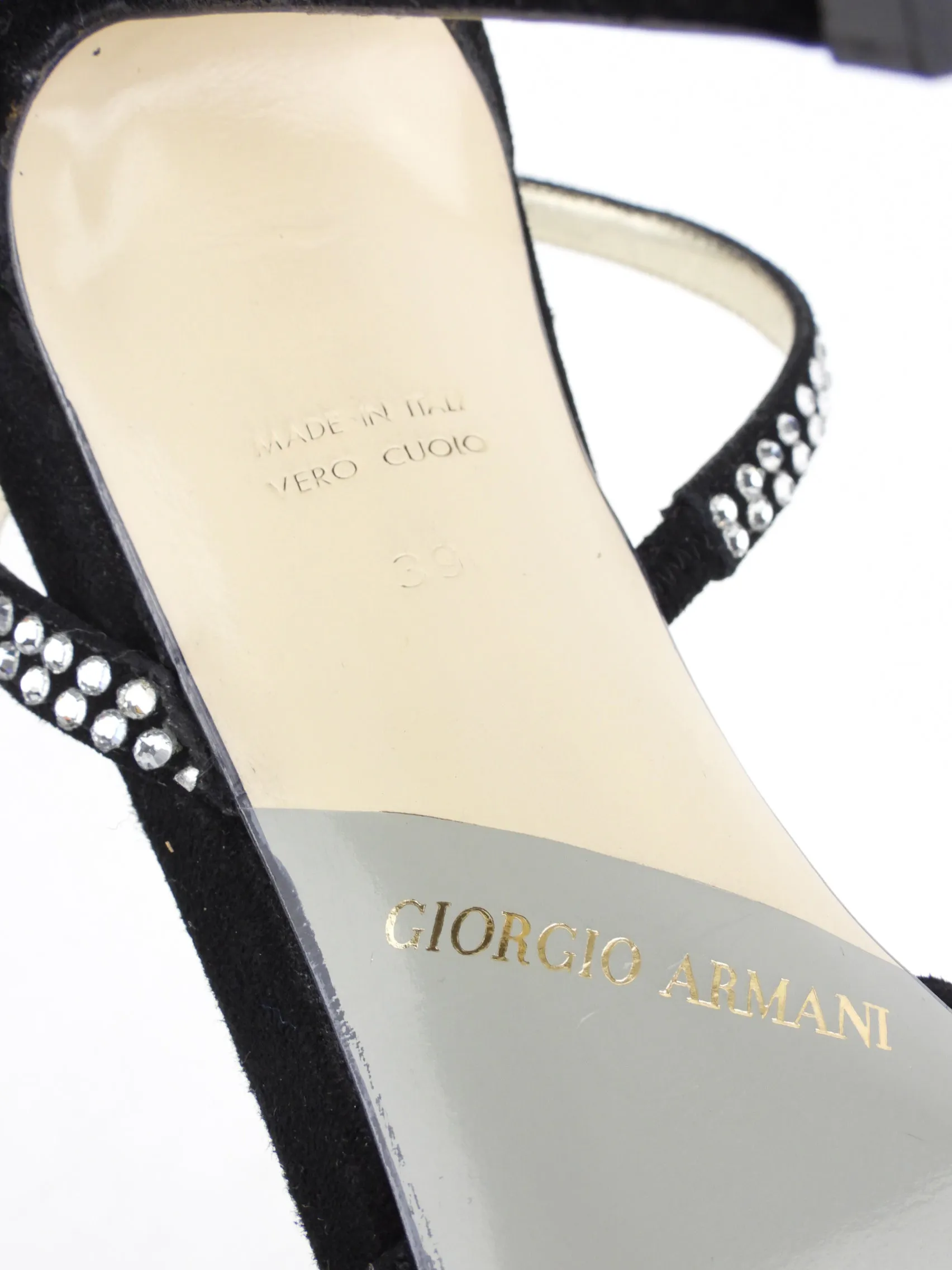 Giorgio Armani Black Suede Leather Rhinestone Embellished Slingback Peep Toe Pumps - 39 EU