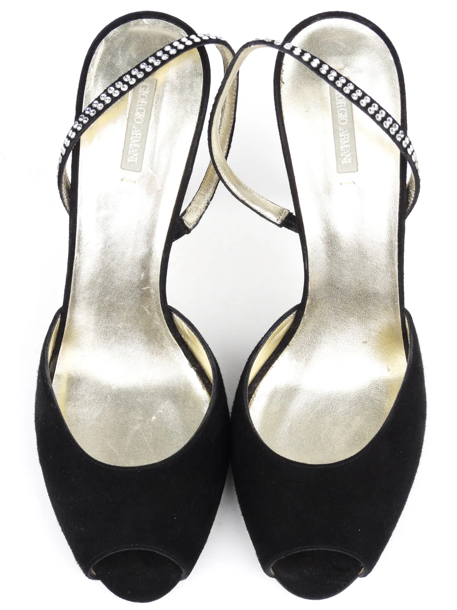 Giorgio Armani Black Suede Leather Rhinestone Embellished Slingback Peep Toe Pumps - 39 EU