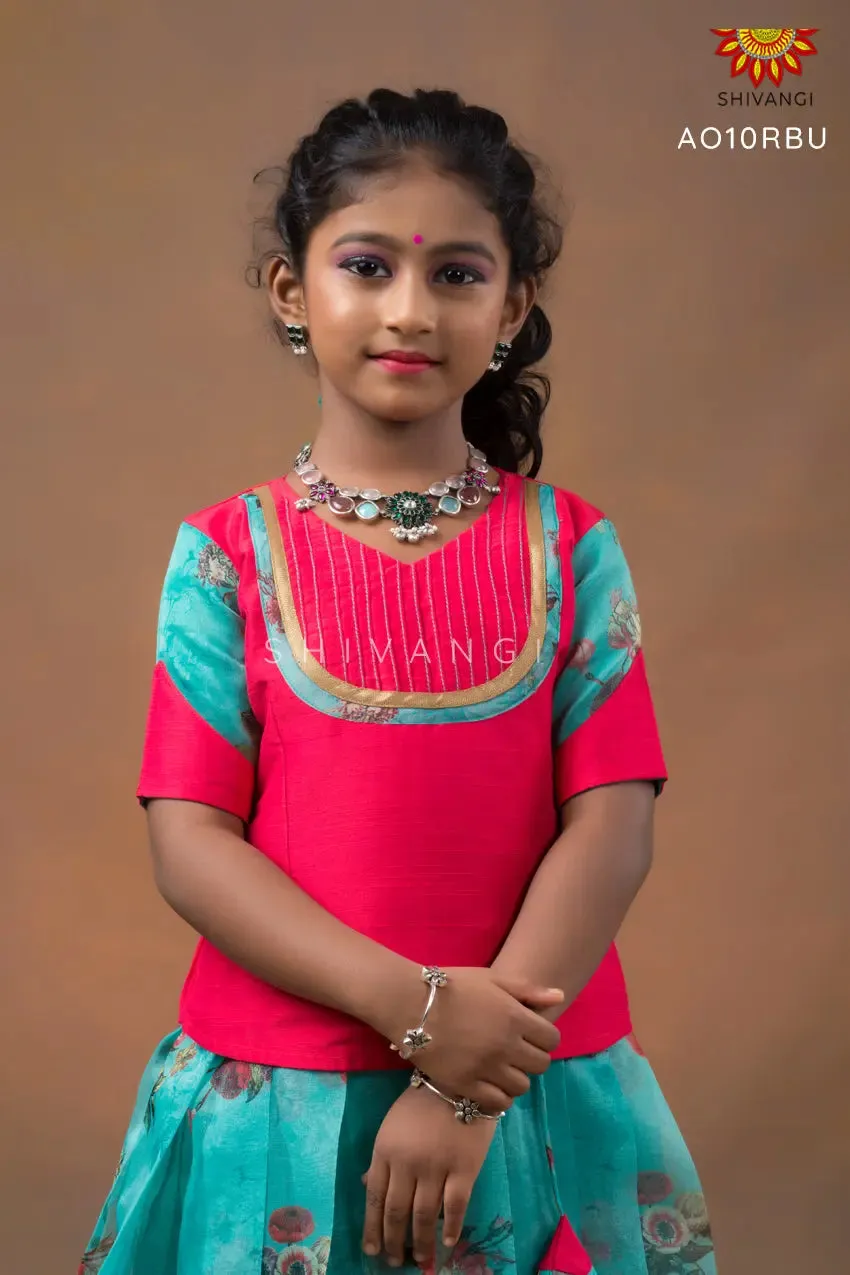 Girls Blue Organza Digital Print Pattu Pavadai