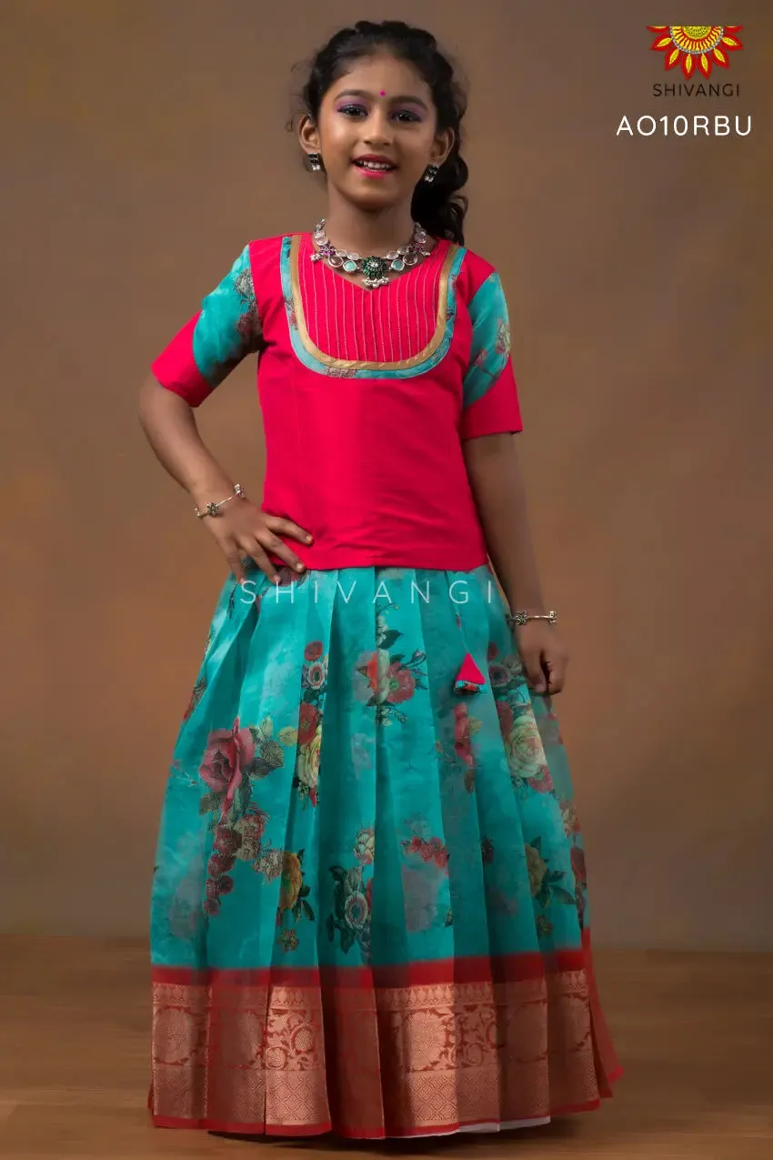 Girls Blue Organza Digital Print Pattu Pavadai