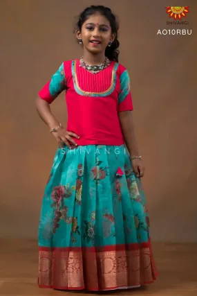 Girls Blue Organza Digital Print Pattu Pavadai