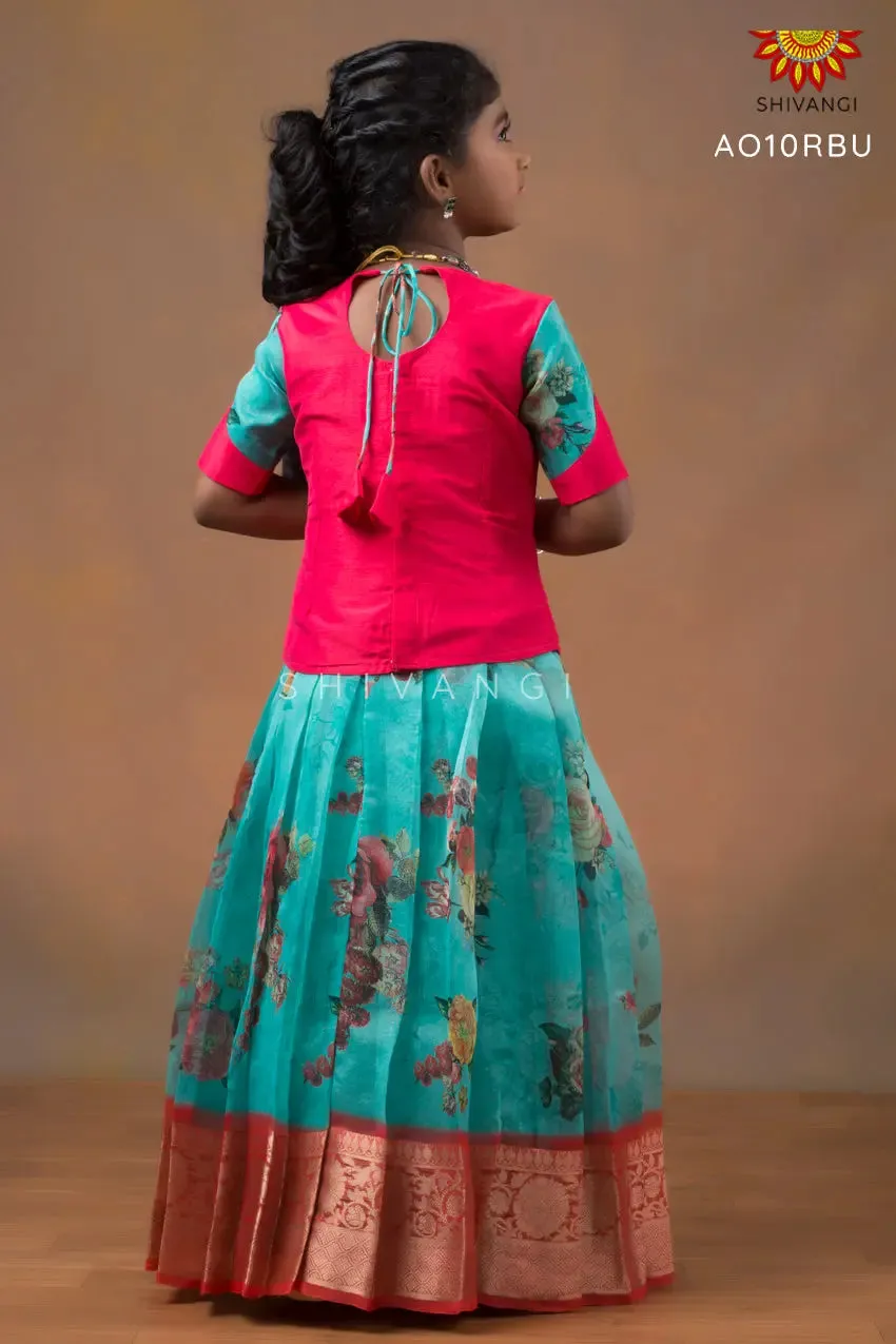 Girls Blue Organza Digital Print Pattu Pavadai