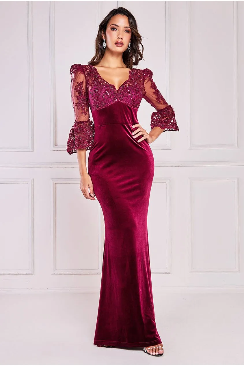 Goddiva Scalloped Lace & Velvet Maxi Dress