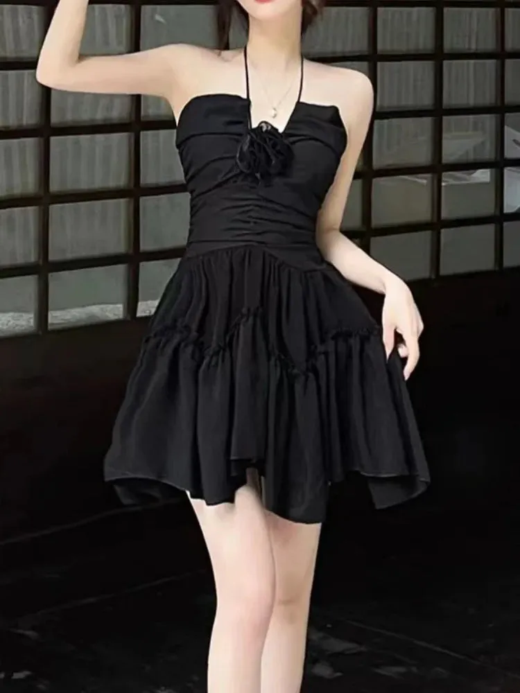 Gothic-Style Backless Short Dress With Bust Application