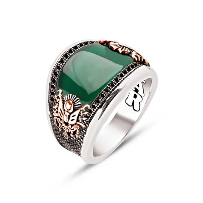 Green Agate Stone with Black Zircons Half Moon Shaped Silver Men’s Ring Siding Ottoman Coat of Arms