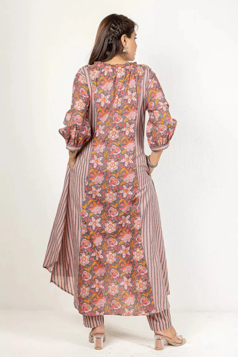 Grey, Beige, & Dusty Pink Printed Kurta