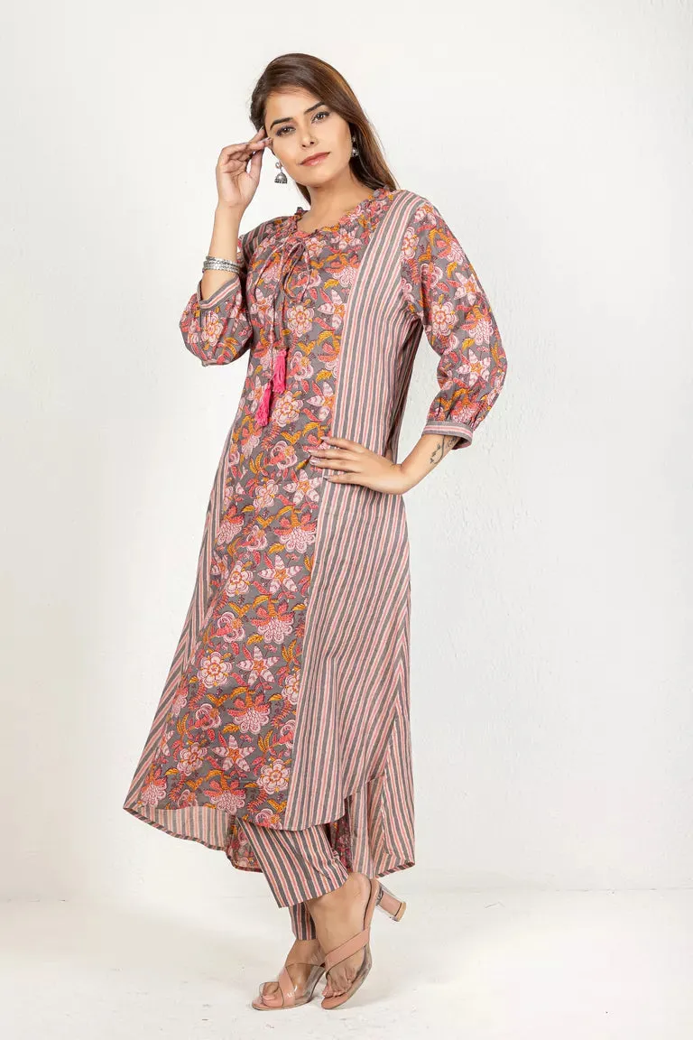 Grey, Beige, & Dusty Pink Printed Kurta