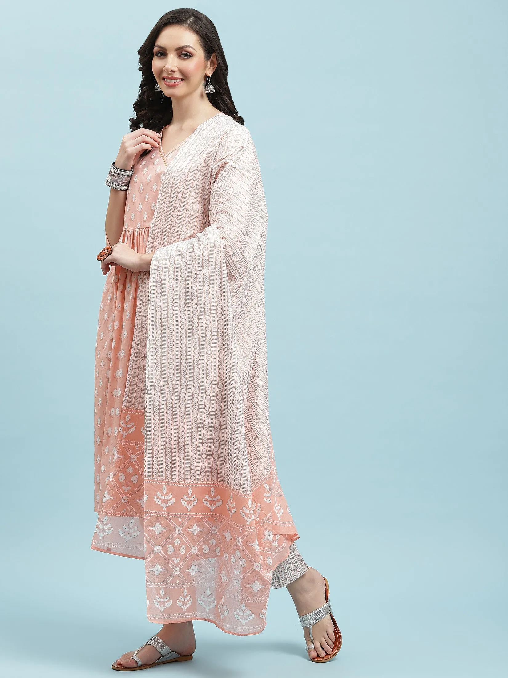 Indiessence Peach Geometric Printed Kurta Trouser Dupatta