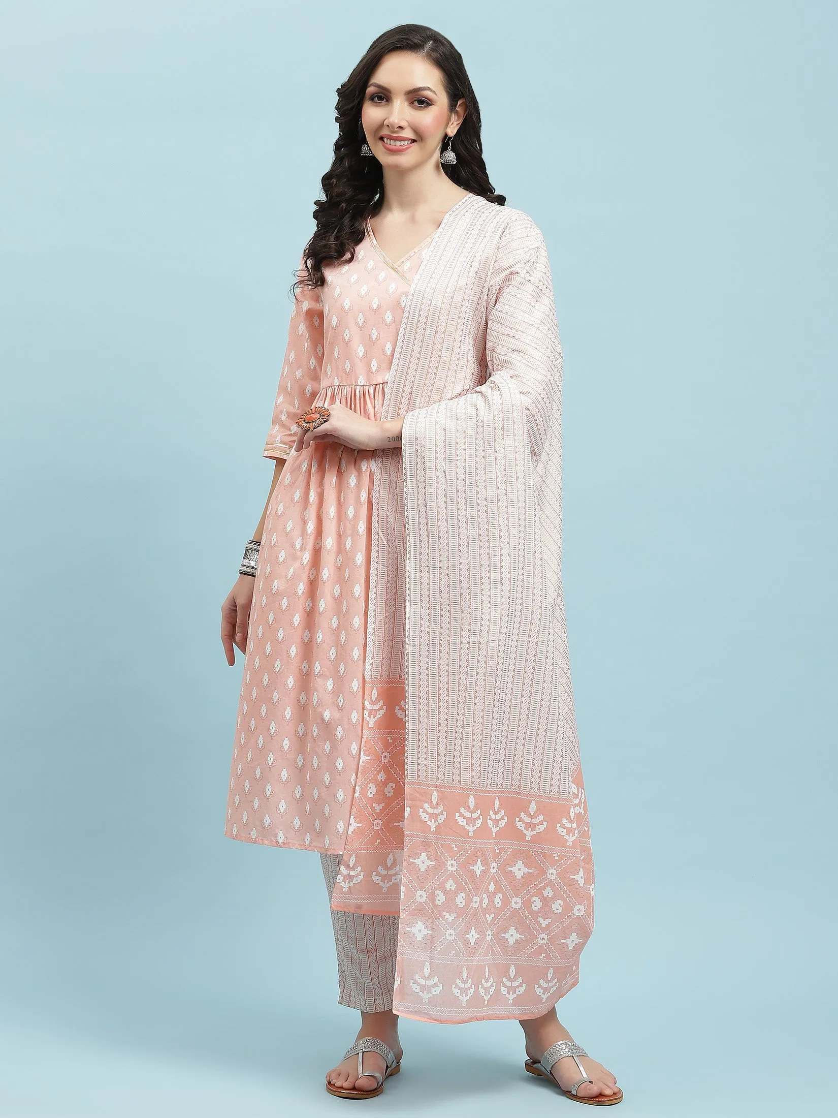 Indiessence Peach Geometric Printed Kurta Trouser Dupatta