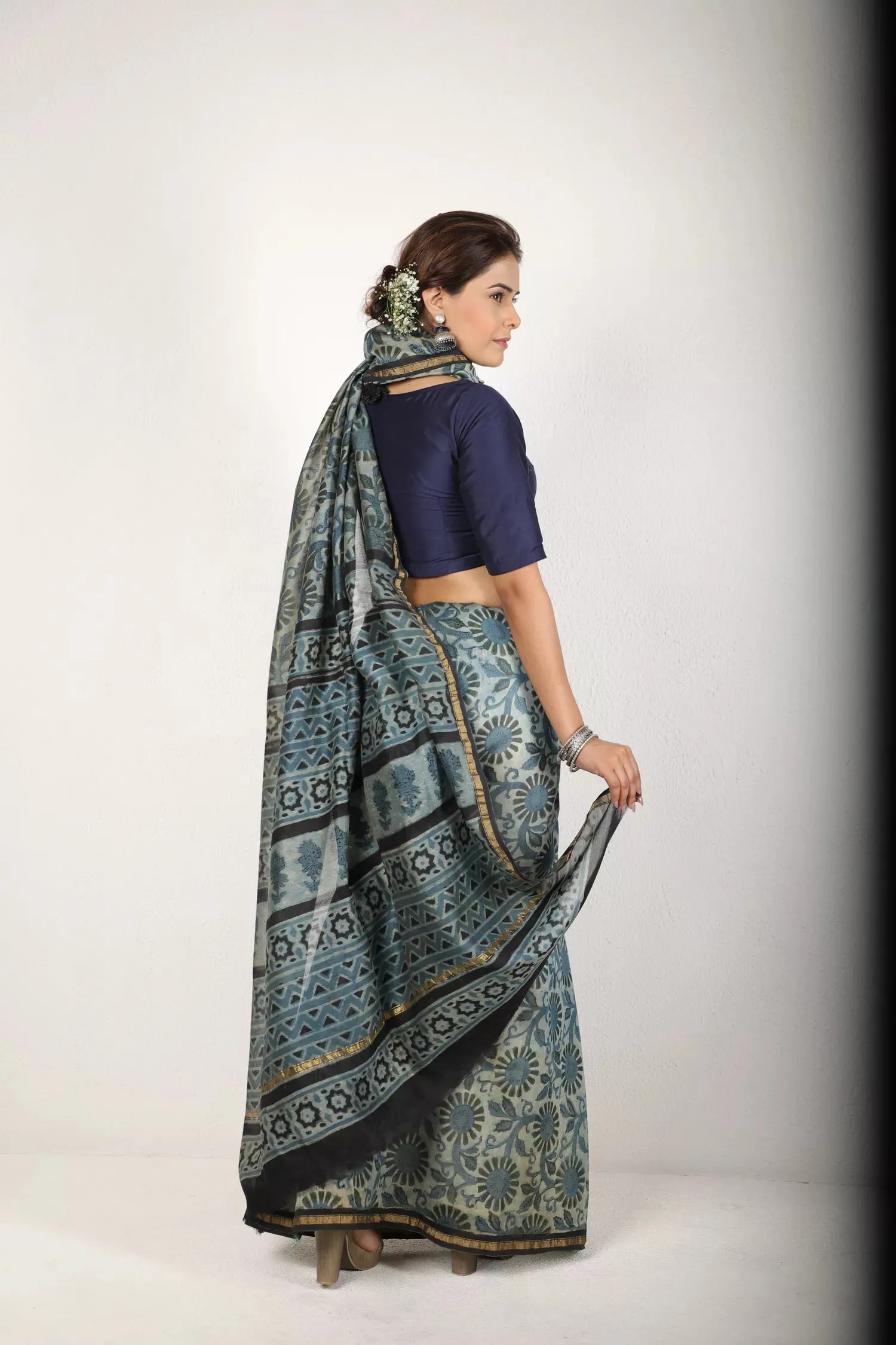 Indigo Blue And Grey Saree