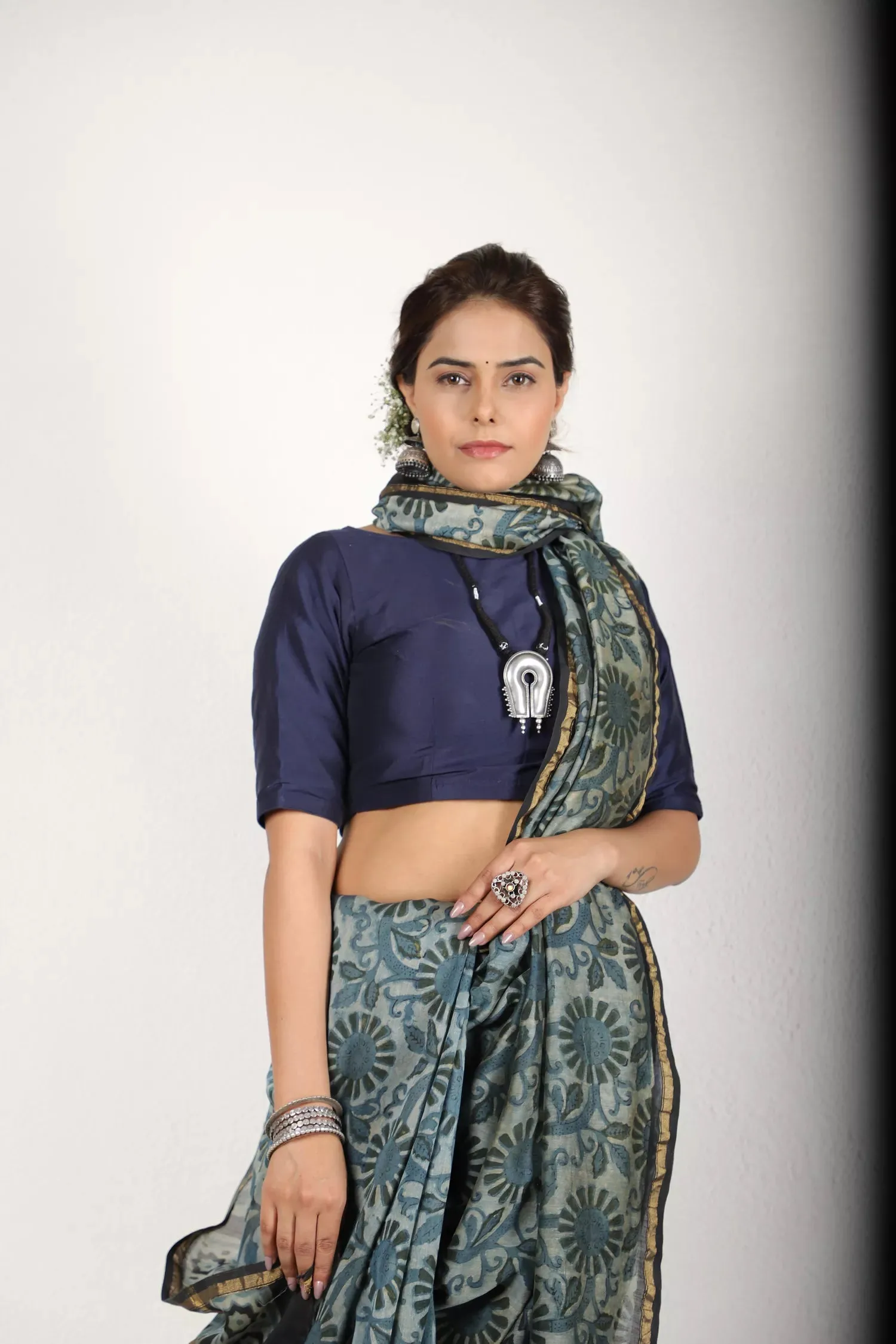 Indigo Blue And Grey Saree