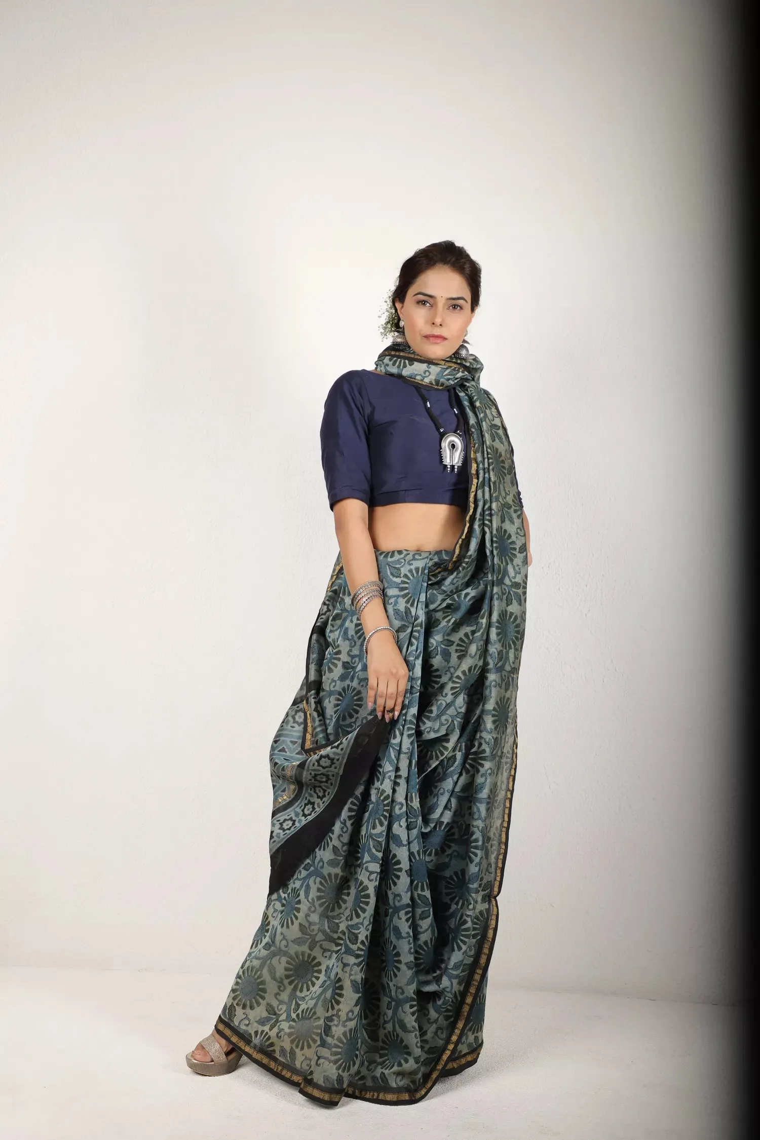 Indigo Blue And Grey Saree