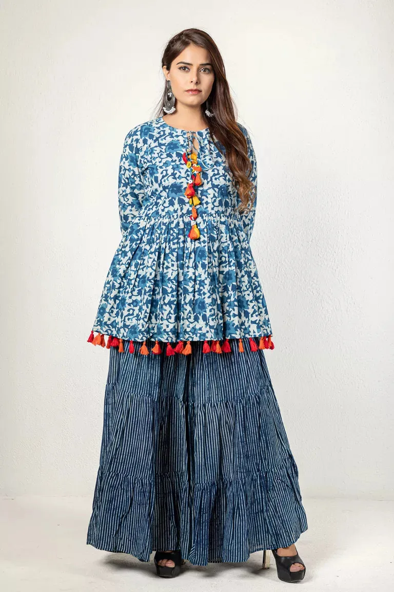 Indigo Hand Block Dabu Printed Top & Sharara Set