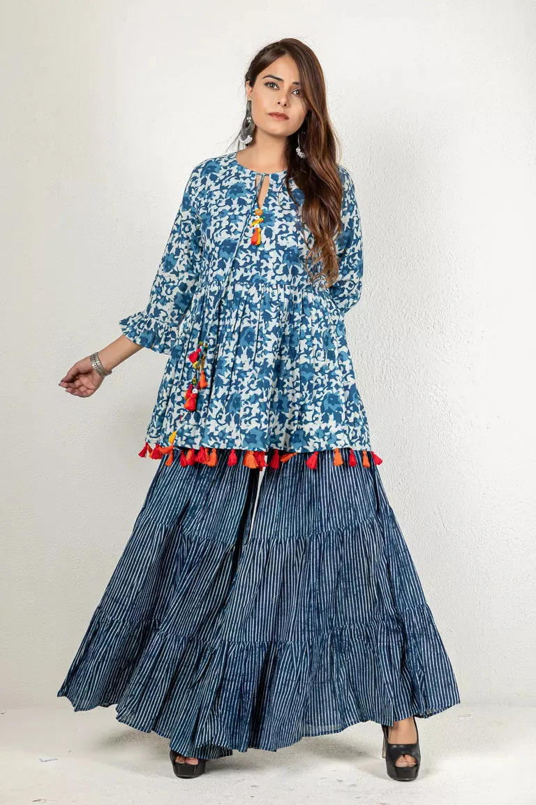 Indigo Hand Block Dabu Printed Top & Sharara Set