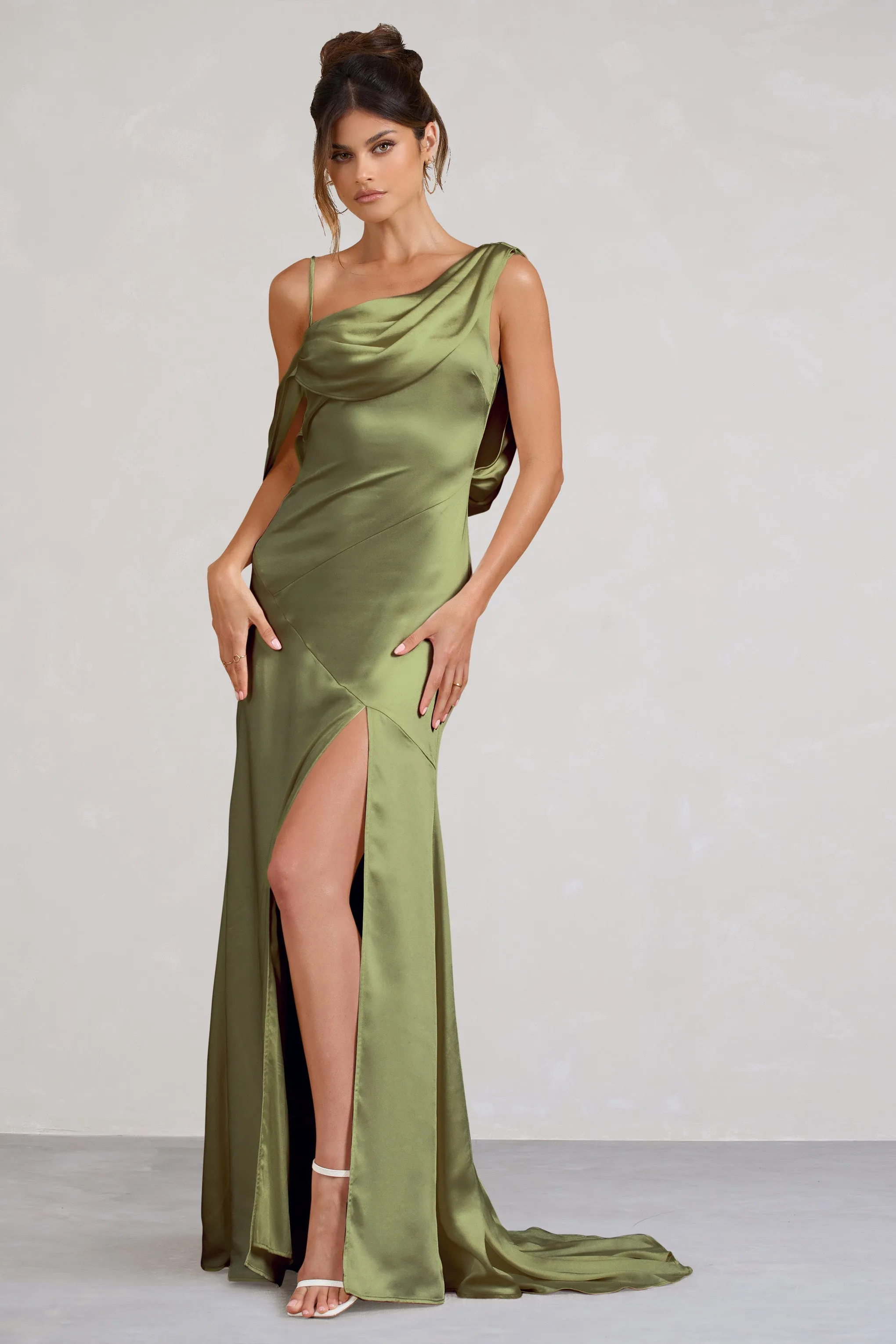 Jayne | Olive Satin Asymmetric Draped Split Maxi Dress