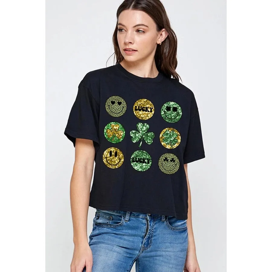 Jr T Shirt - Smile Face Shamrock - Black