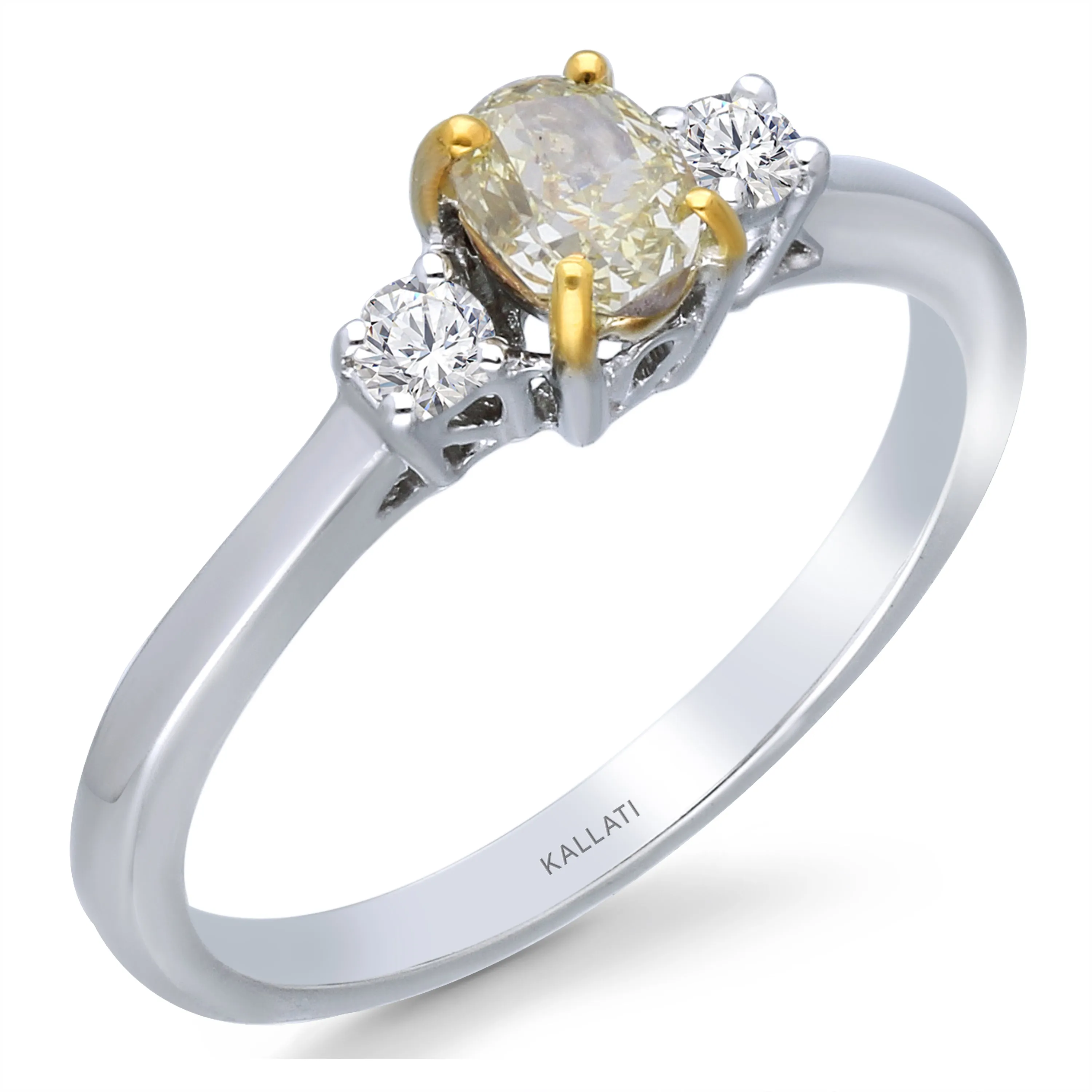 Kallati Eternal Oval Three Stone Yellow Diamond Engagement Ring in 14K White Gold