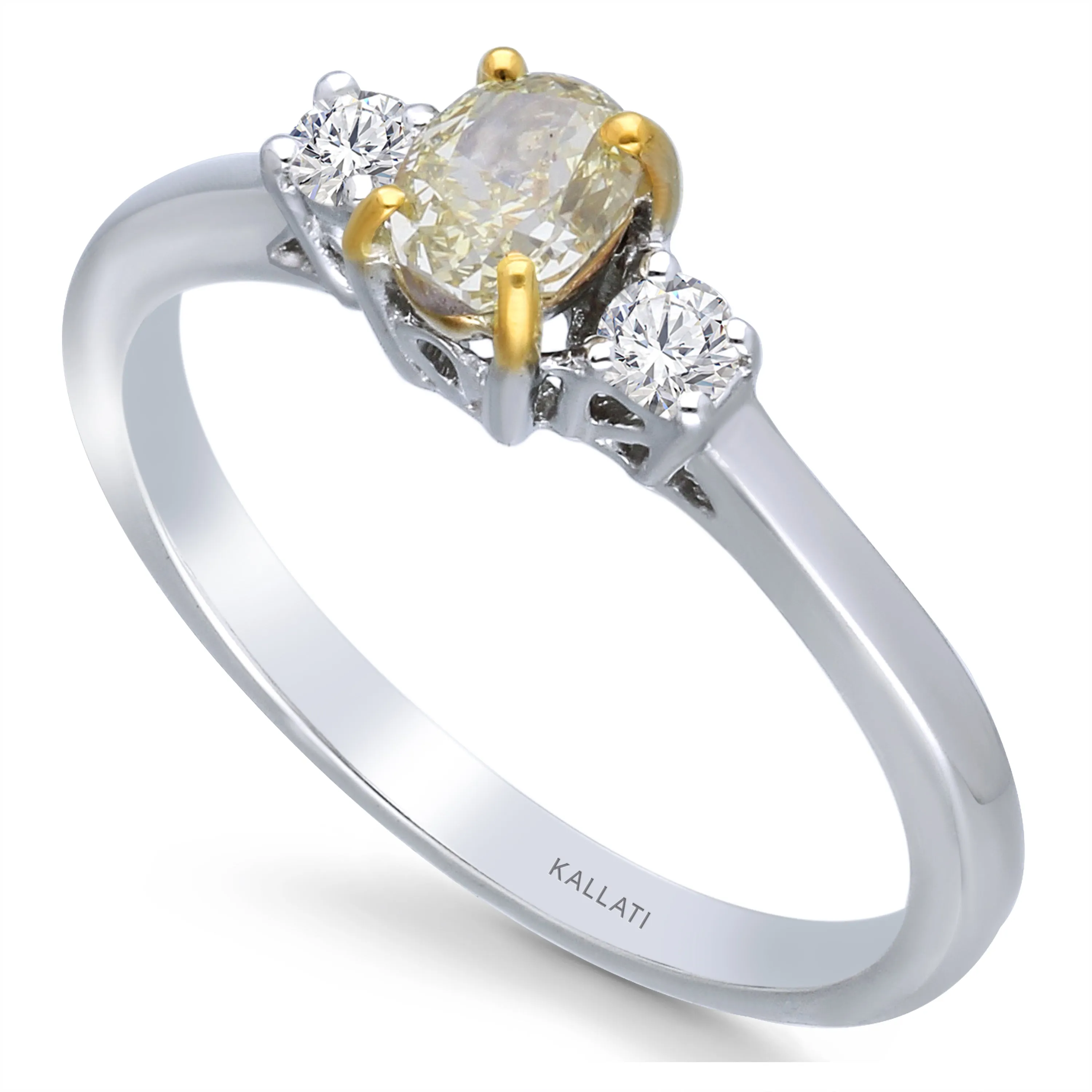 Kallati Eternal Oval Three Stone Yellow Diamond Engagement Ring in 14K White Gold