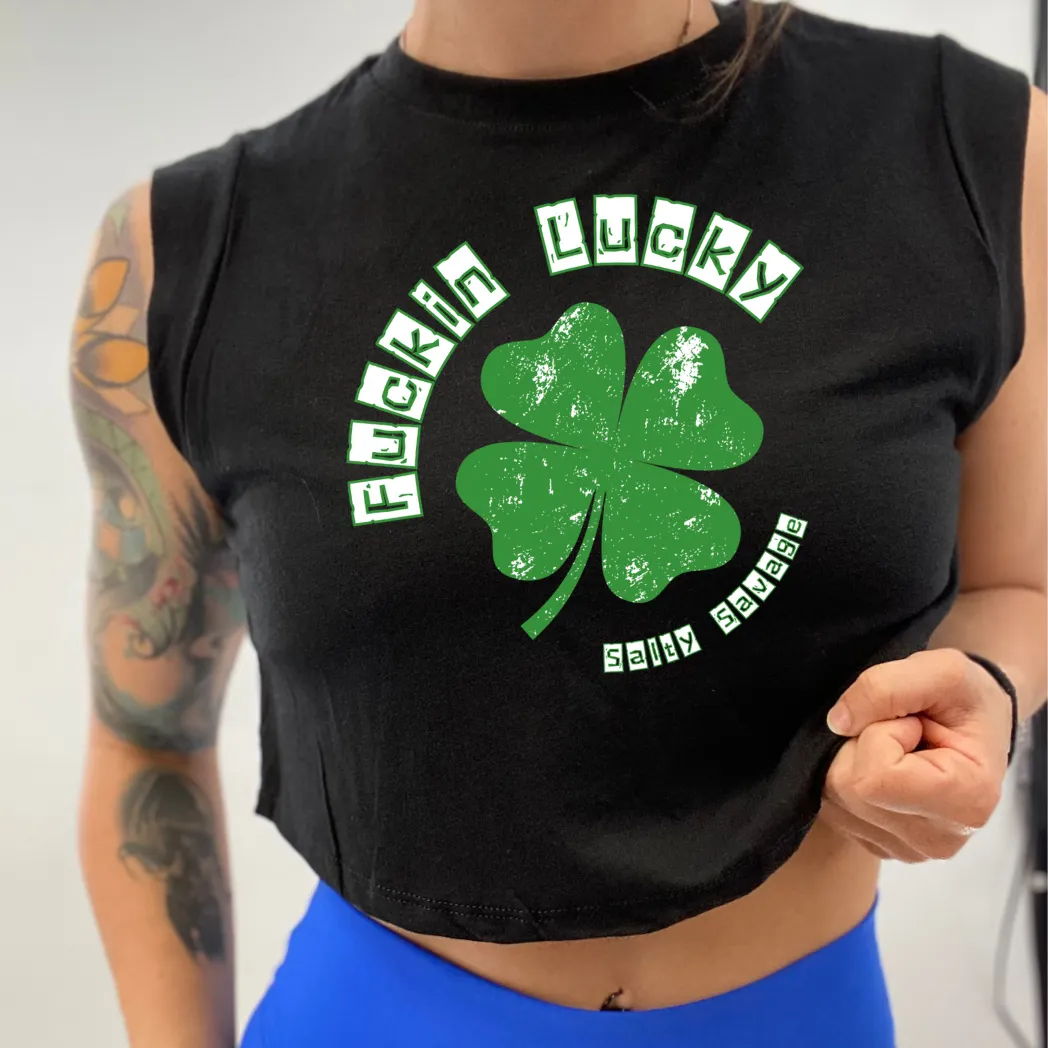 Ladies “Fuckin Lucky” Cropped Muscle Tank