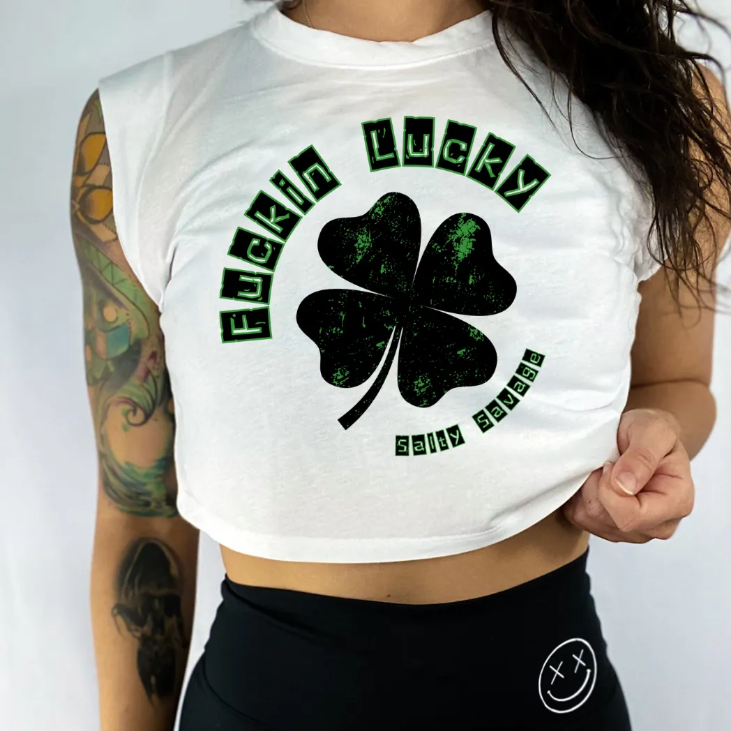 Ladies “Fuckin Lucky” Cropped Muscle Tank