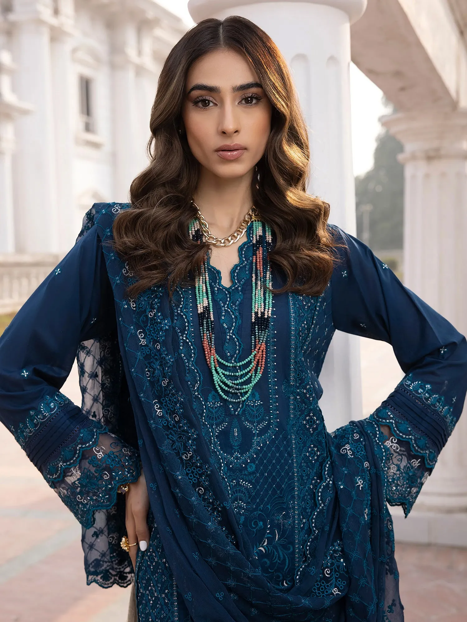 Lakhany Zinc Blue Unstitched Embroidered Lawn 3-Piece Suit (LG-SK-0142)