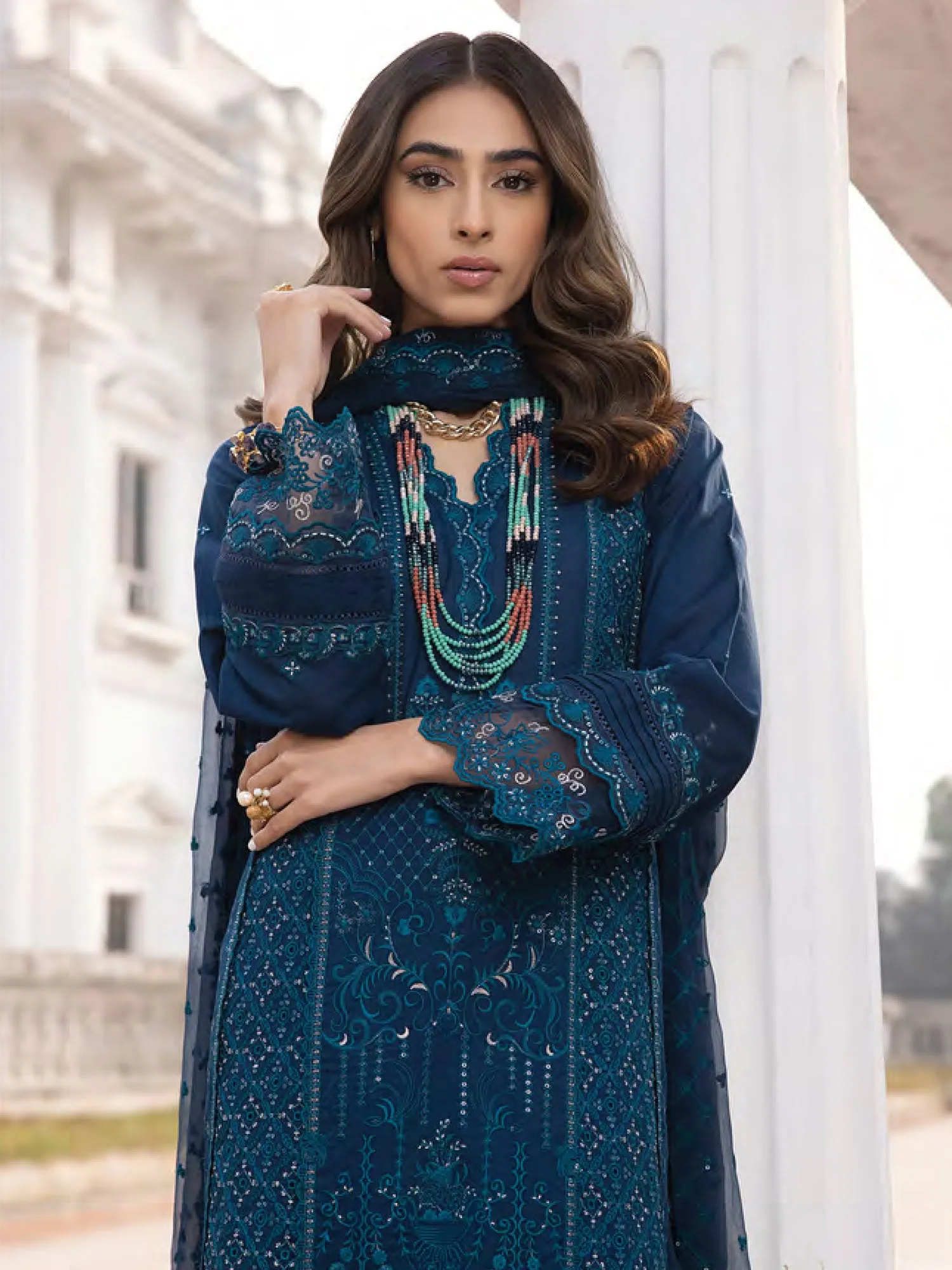 Lakhany Zinc Blue Unstitched Embroidered Lawn 3-Piece Suit (LG-SK-0142)