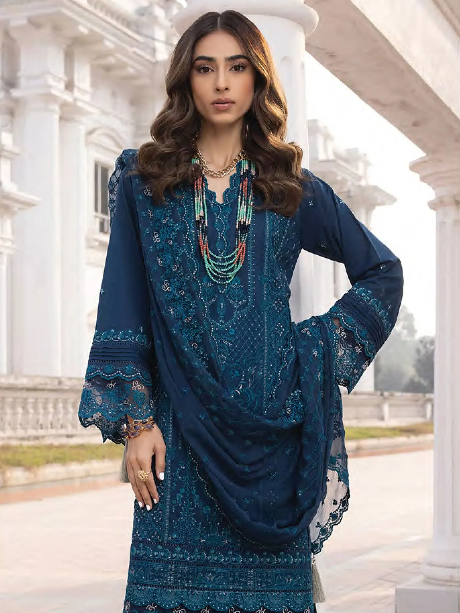 Lakhany Zinc Blue Unstitched Embroidered Lawn 3-Piece Suit (LG-SK-0142)