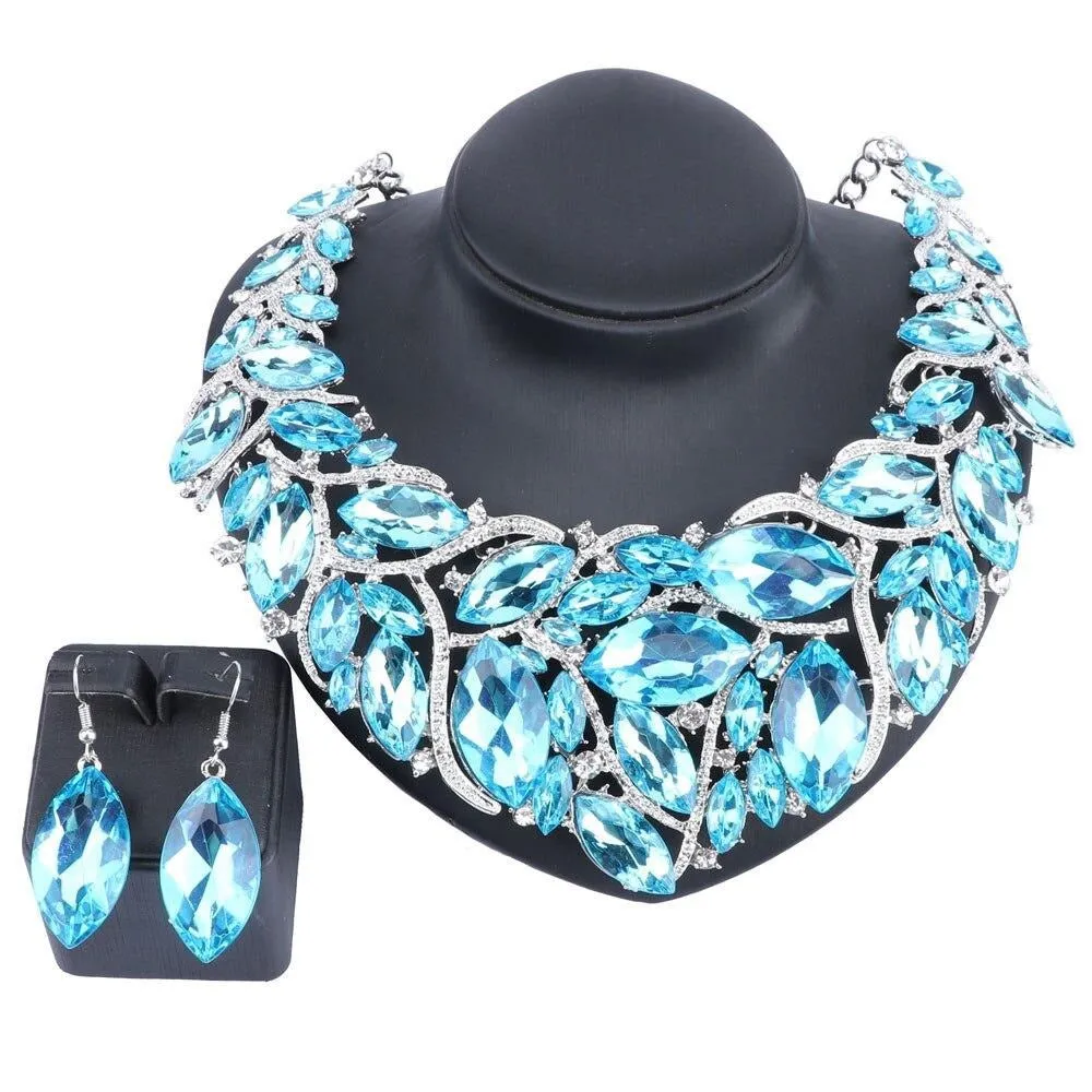 Large Crystal Necklace & Earrings Wedding Jewelry Set