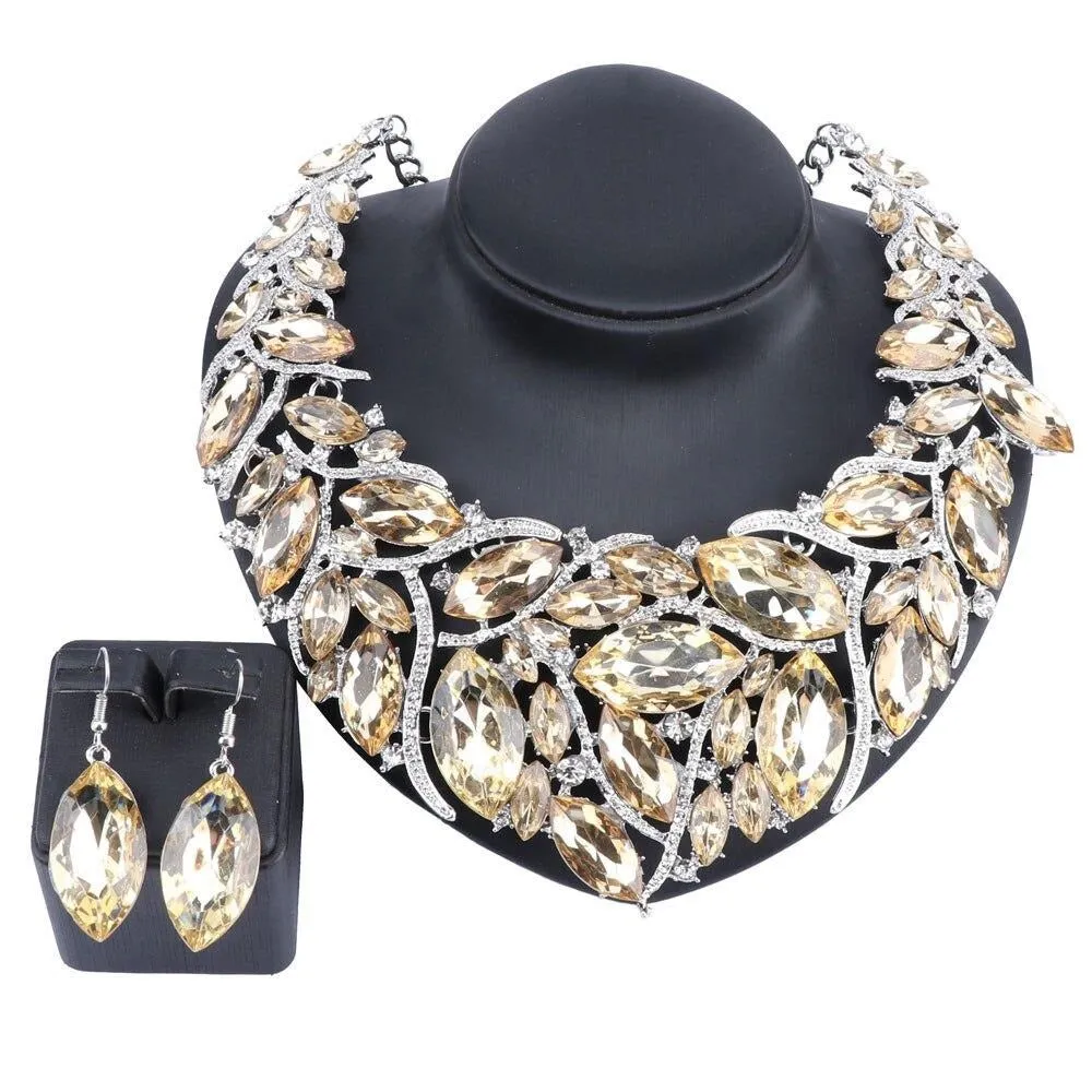 Large Crystal Necklace & Earrings Wedding Jewelry Set