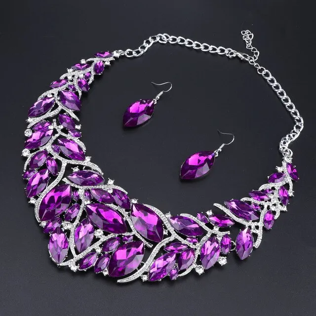 Large Crystal Necklace & Earrings Wedding Jewelry Set