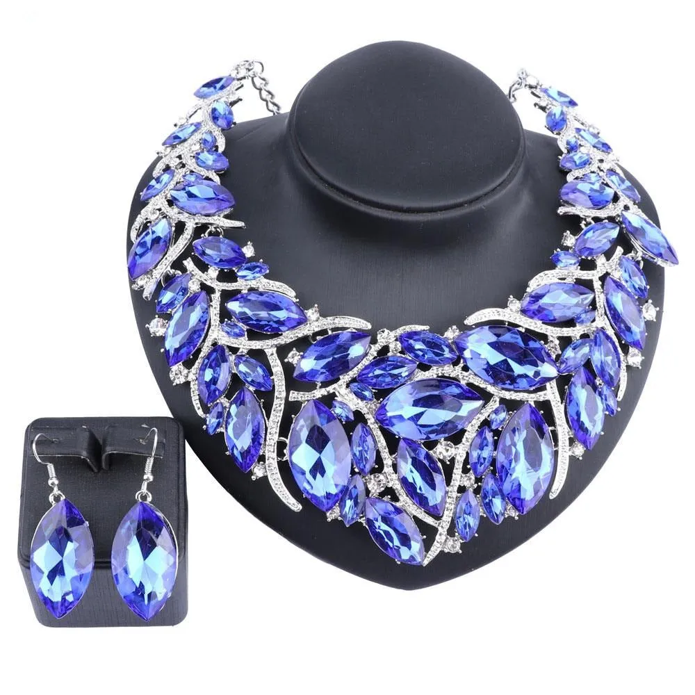 Large Crystal Necklace & Earrings Wedding Jewelry Set