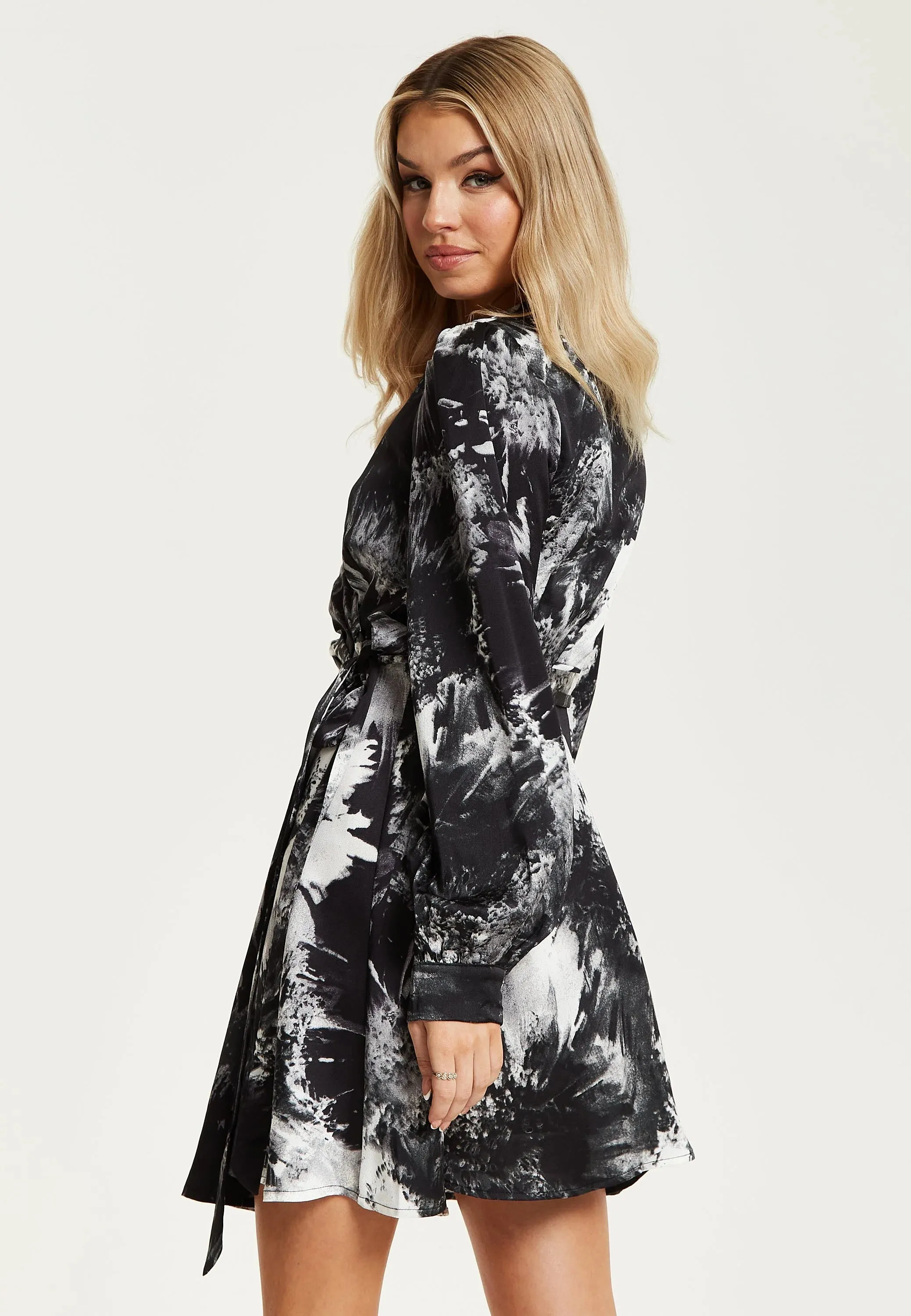 Liquorish Mono Abstract Print Mini Wrap Dress