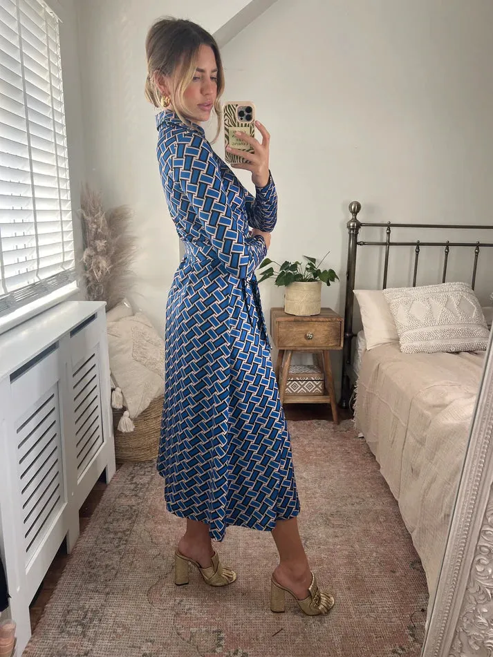 Love And Joy London Wrap Midi Dress In Blue Print