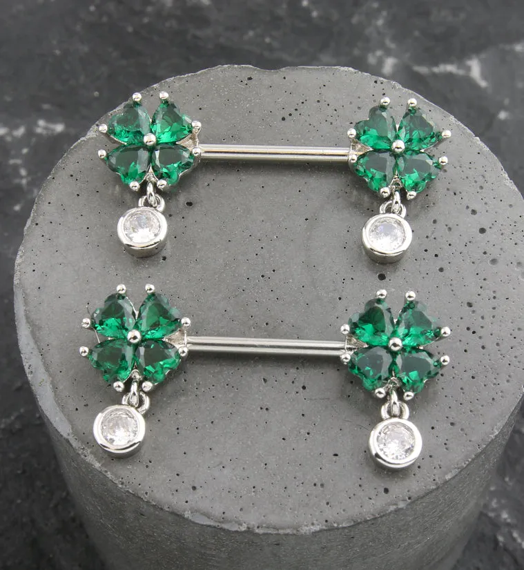 Lucky Clover Green CZ Dangle Stainless Steel Nipple Barbell