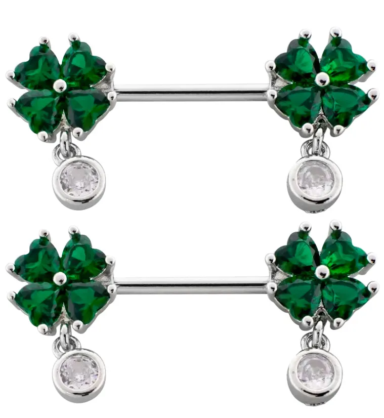 Lucky Clover Green CZ Dangle Stainless Steel Nipple Barbell