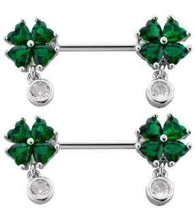 Lucky Clover Green CZ Dangle Stainless Steel Nipple Barbell