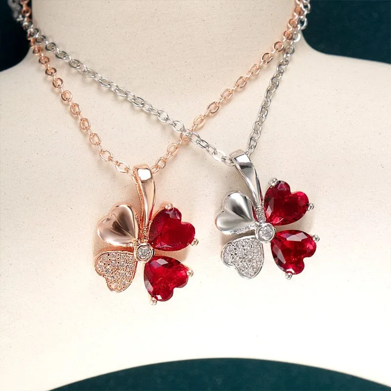 Lucky Clover Stylish Ruby Necklace - 925 Sterling Silver