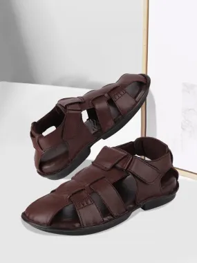 Men Brown Formal Leather Hook & Loop Flat Sandals