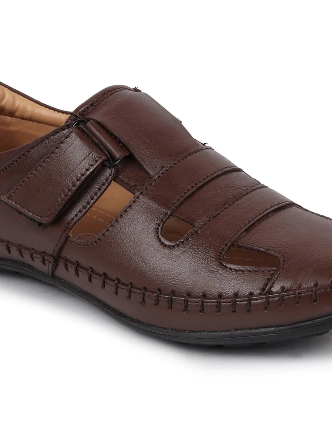 Men Brown Stitched Leather Fisherman Sandals