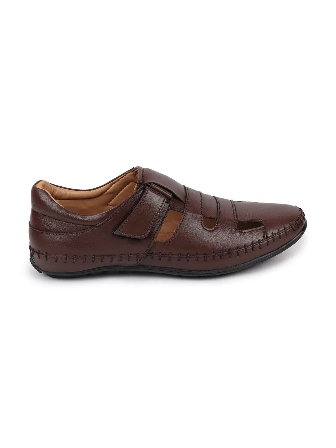 Men Brown Stitched Leather Fisherman Sandals