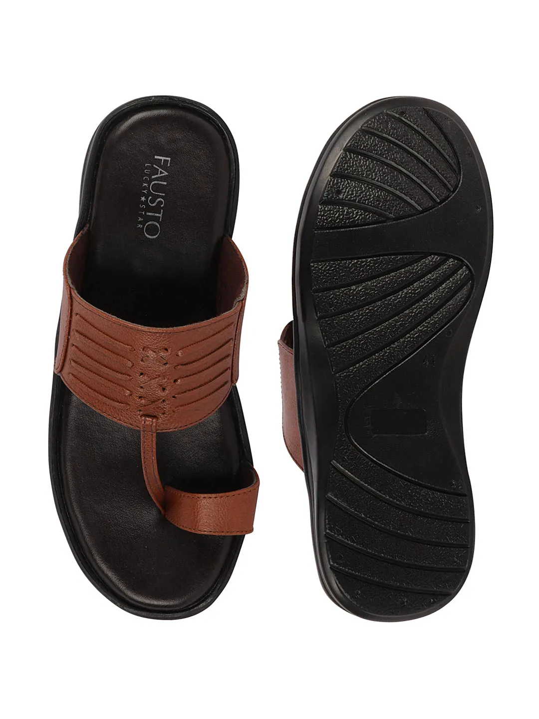 Men Tan Daily Indoor Outdoor Comfort Stitched Design Kolhapuri Toe Ring Slip On Slipper